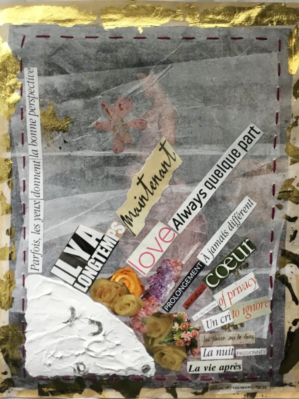 Collage on reproduction mounted on silk and butcher's papers 13 1/2 X 10 1/2inch